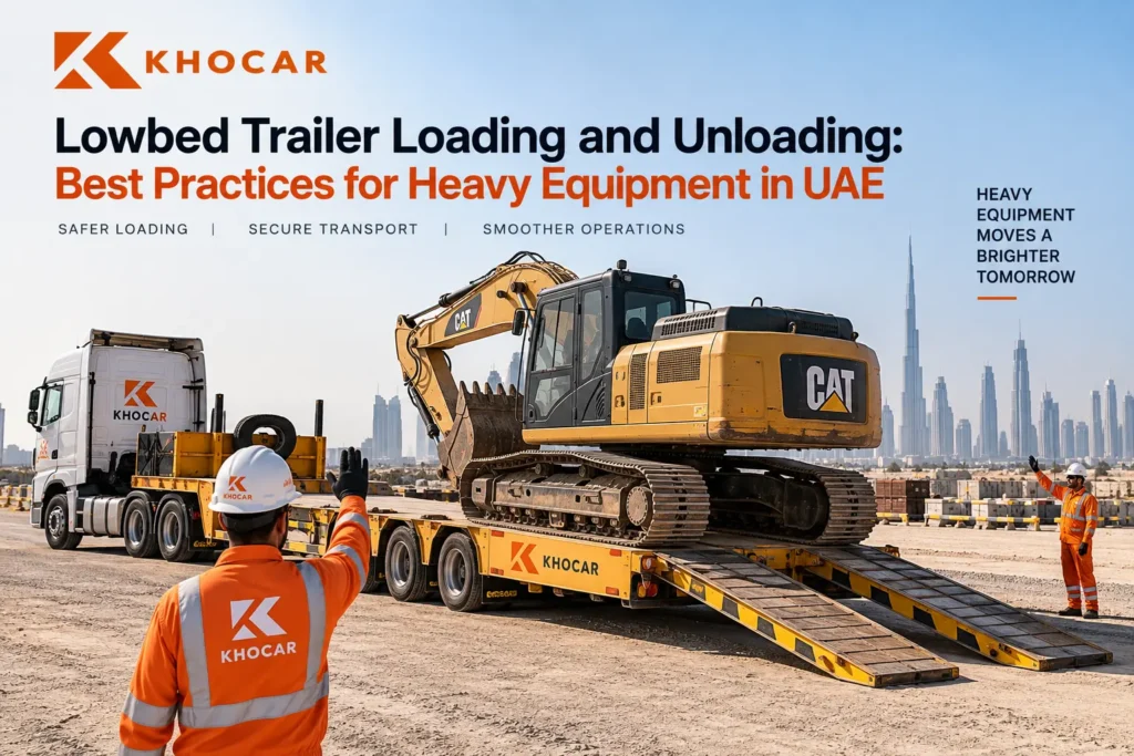 KHOCAR lowbed trailer loading a heavy excavator at a UAE construction site