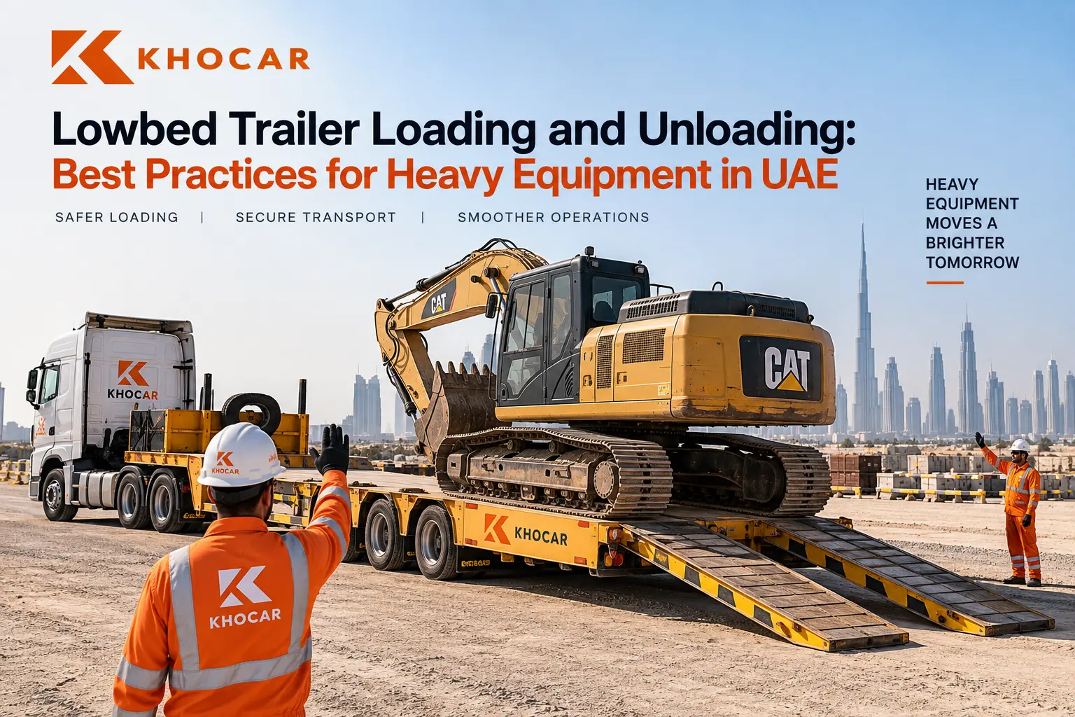 KHOCAR lowbed trailer loading a heavy excavator at a UAE construction site