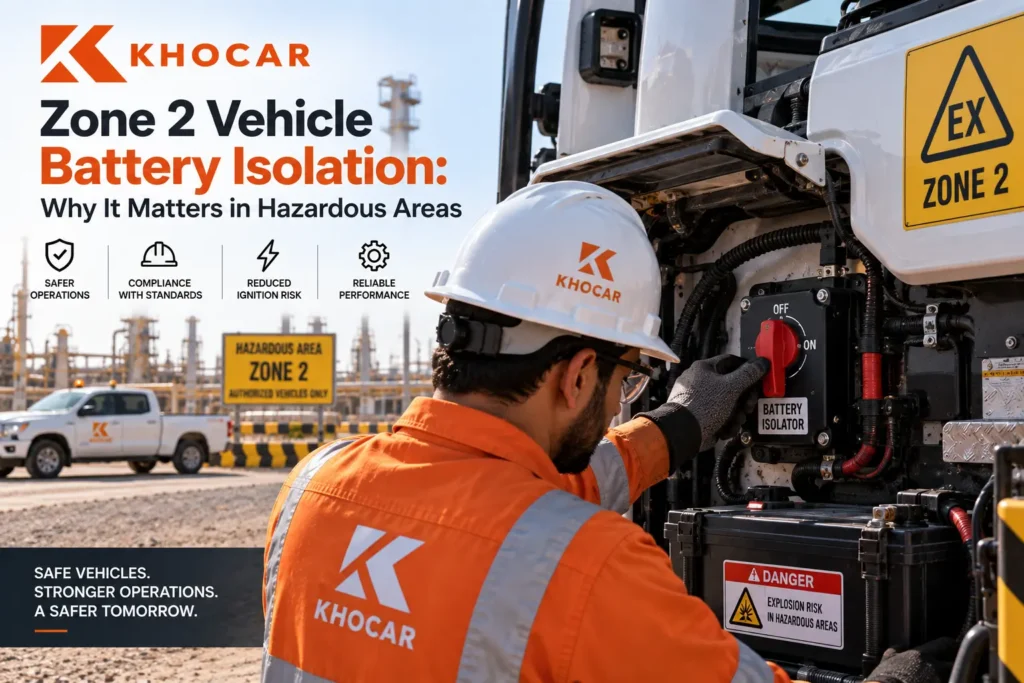 KHOCAR technician operating a battery isolator on a Zone 2 vehicle in a UAE oilfield