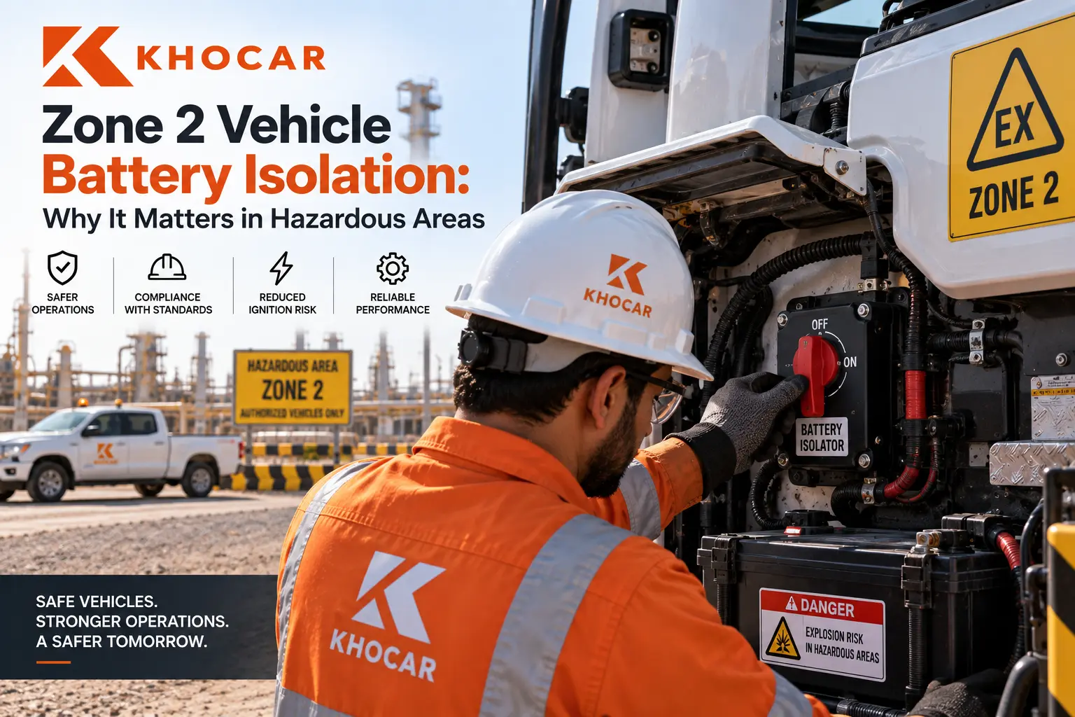 KHOCAR technician operating a battery isolator on a Zone 2 vehicle in a UAE oilfield